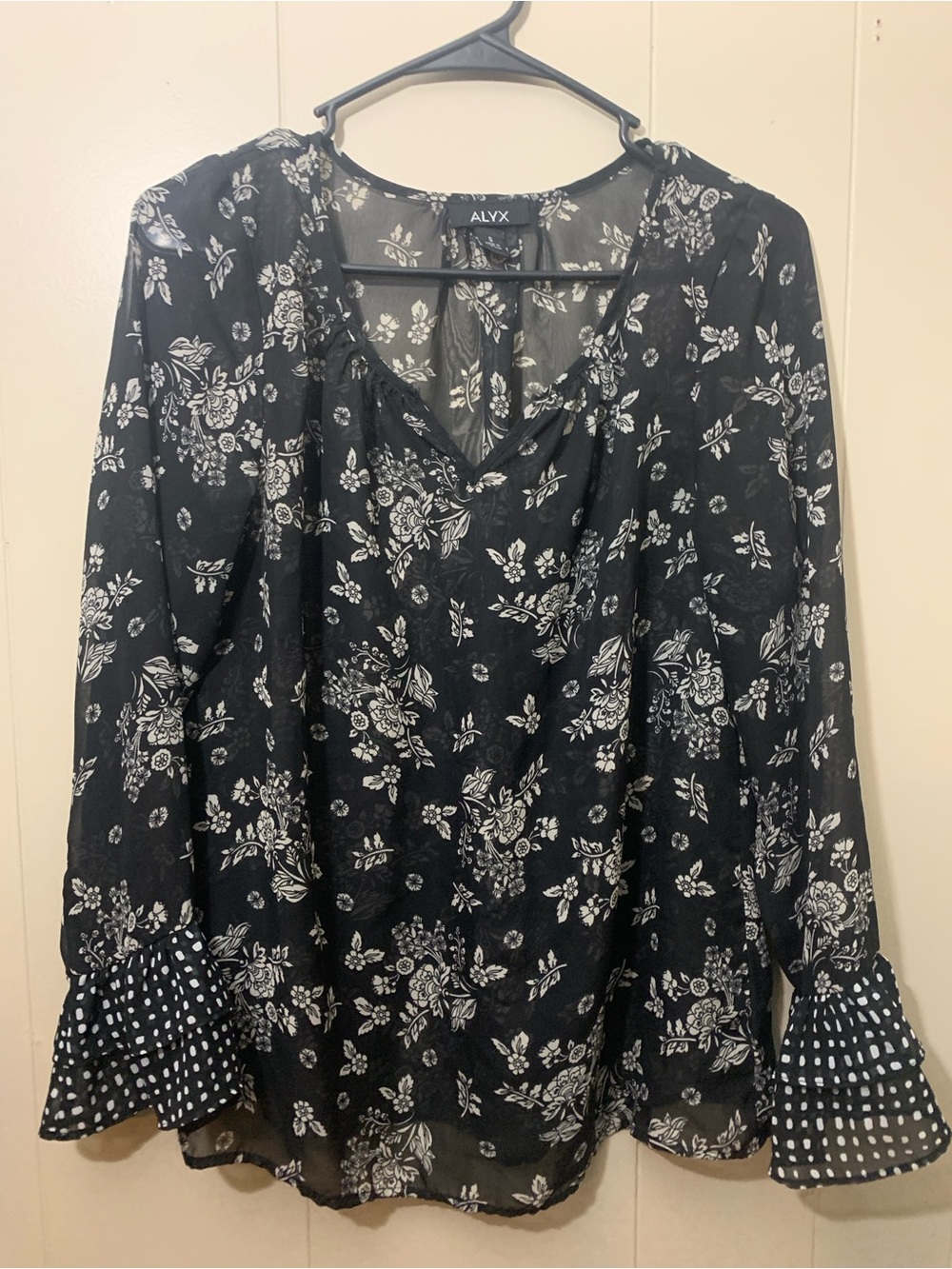 ALYX Black Floral V-Neck Blouse with Polka Dot Ruffle Cuffs